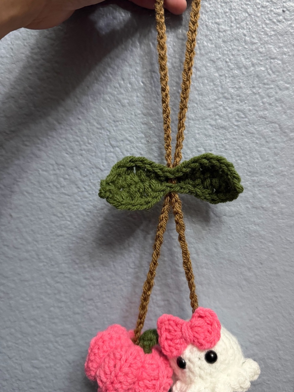 Handmade Crochet Green Leaf with Pink & White -Car Charm